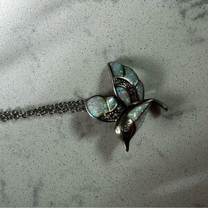 Silver Hummingbird Opal Inlay Pendant Necklace - Iridescent Blue-Green